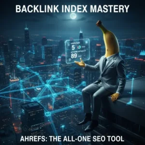 SEO Tools Comparison: Ahrefs vs Majestic vs Moz – Choosing the Right Tool for Your Business 2 Photorealistic banana in a CEO suit overseeing a digital city of backlinks, symbolizing the comprehensive power of the Ahrefs SEO platform.
