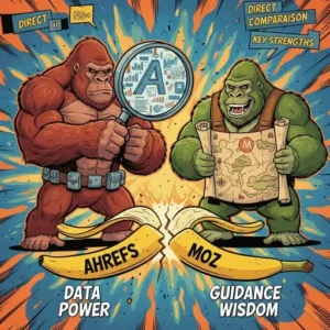 SEO Tools Comparison: Ahrefs vs Majestic vs Moz – Choosing the Right Tool for Your Business 5 A comic book style drawing of two gorilla mascots (Ahrefs and Moz) battling over a cracked banana peel, representing the side-by-side comparison of the two tools.