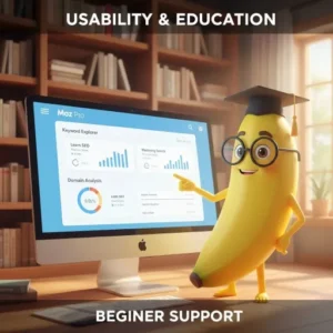 SEO Tools Comparison: Ahrefs vs Majestic vs Moz – Choosing the Right Tool for Your Business 4 Cartoon banana wearing glasses, acting as a guide and pointing to a user-friendly Moz Pro interface, illustrating its focus on SEO education for beginners.