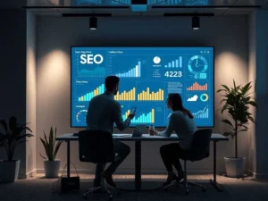 nfographic highlighting key elements of SaaS SEO strategies, including keyword research, content optimization, technical SEO, and backlink building.