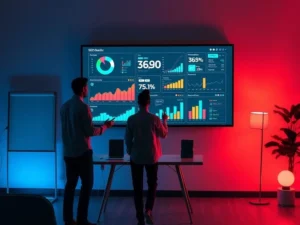 Team of professionals collaborating on SaaS SEO strategies, working together at a conference table with laptops and documents.