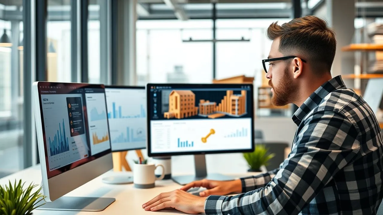 “SEO consultant analyzing website traffic and keywords for an online aannemer (contractor), with construction-themed visuals and digital marketing tools on a laptop screen in a modern office setting.”