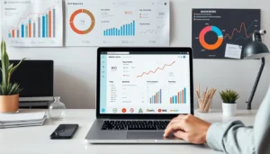 A marketer analyzing Web 2.0 platforms and SEO performance on a laptop.