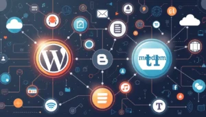 Illustration of user-generated Web 2.0 blogging platforms with interactive features.