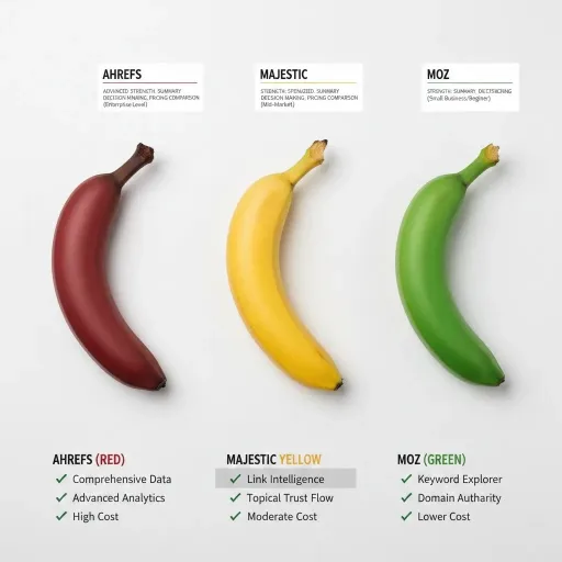 A top-down infographic image of three color-coded bananas (Ahrefs/red, Majestic/yellow, Moz/green) with labels, summarizing the main strength of each SEO tool.